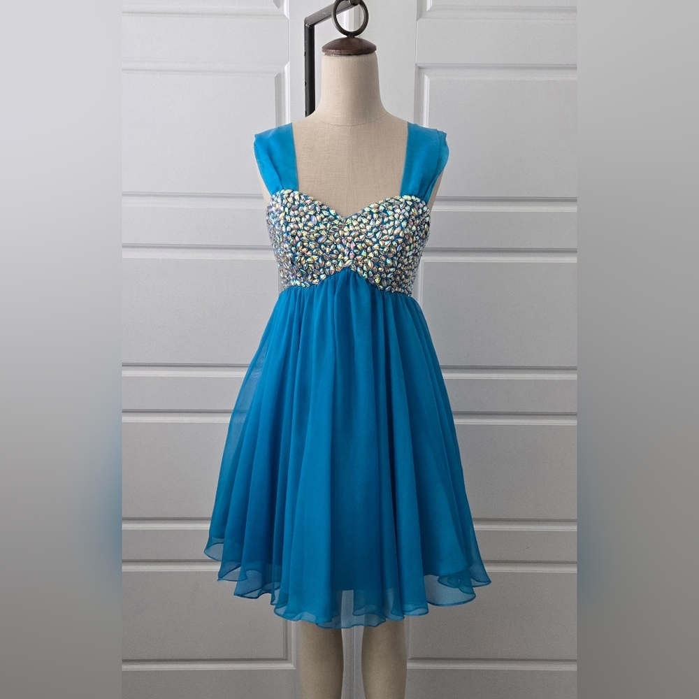 Blue Chiffon Homecoming/Prom Short Dress with Jeweled Bodice